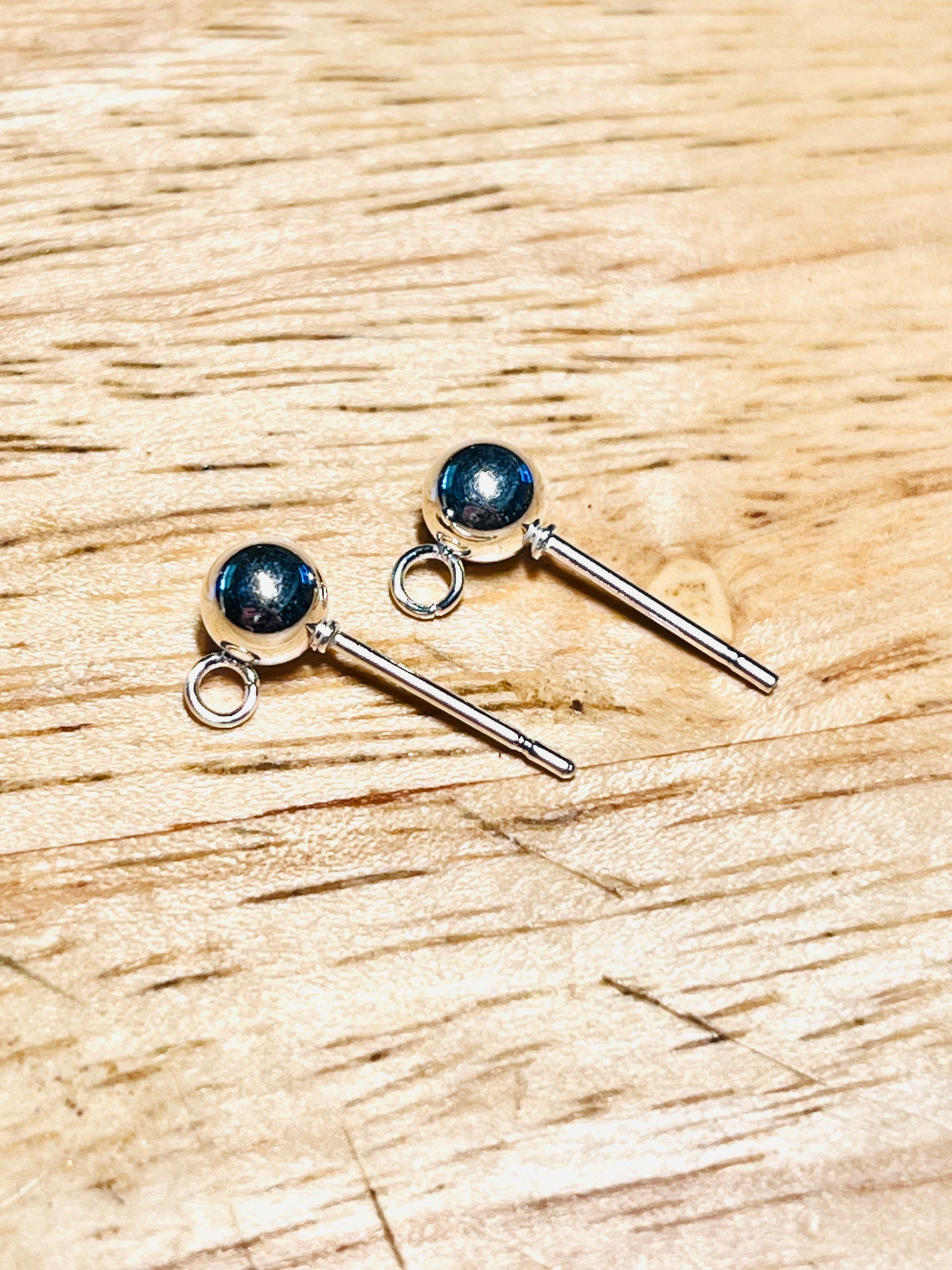 #2460 / Polished Stainless Steel 17mm Stud Earrings / 5mm Ball / 1.6mm Attached Loop / 6mm Post / Pin 0.7mm cir. / 1.5mm Hole / Sold by Pairs