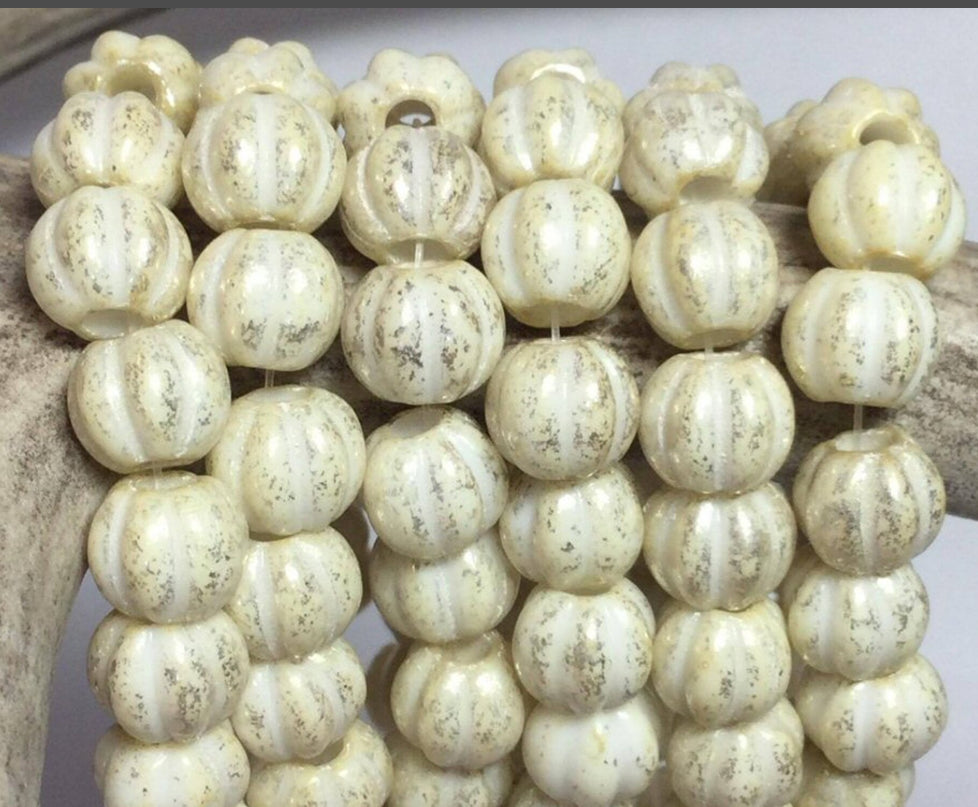 #2469 Czech Large 3mm Hole Melon Beads / Cream Ivory with Mercury Finish / 8mm /