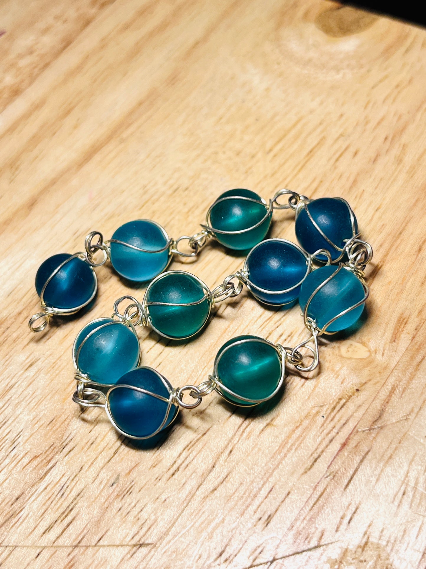 #2464 / Silver Wire Wrapped Translucent Frosted 10mm Glass Round Beads / 3mm Attached Loop on each end of bead / Strand of 10 Beads