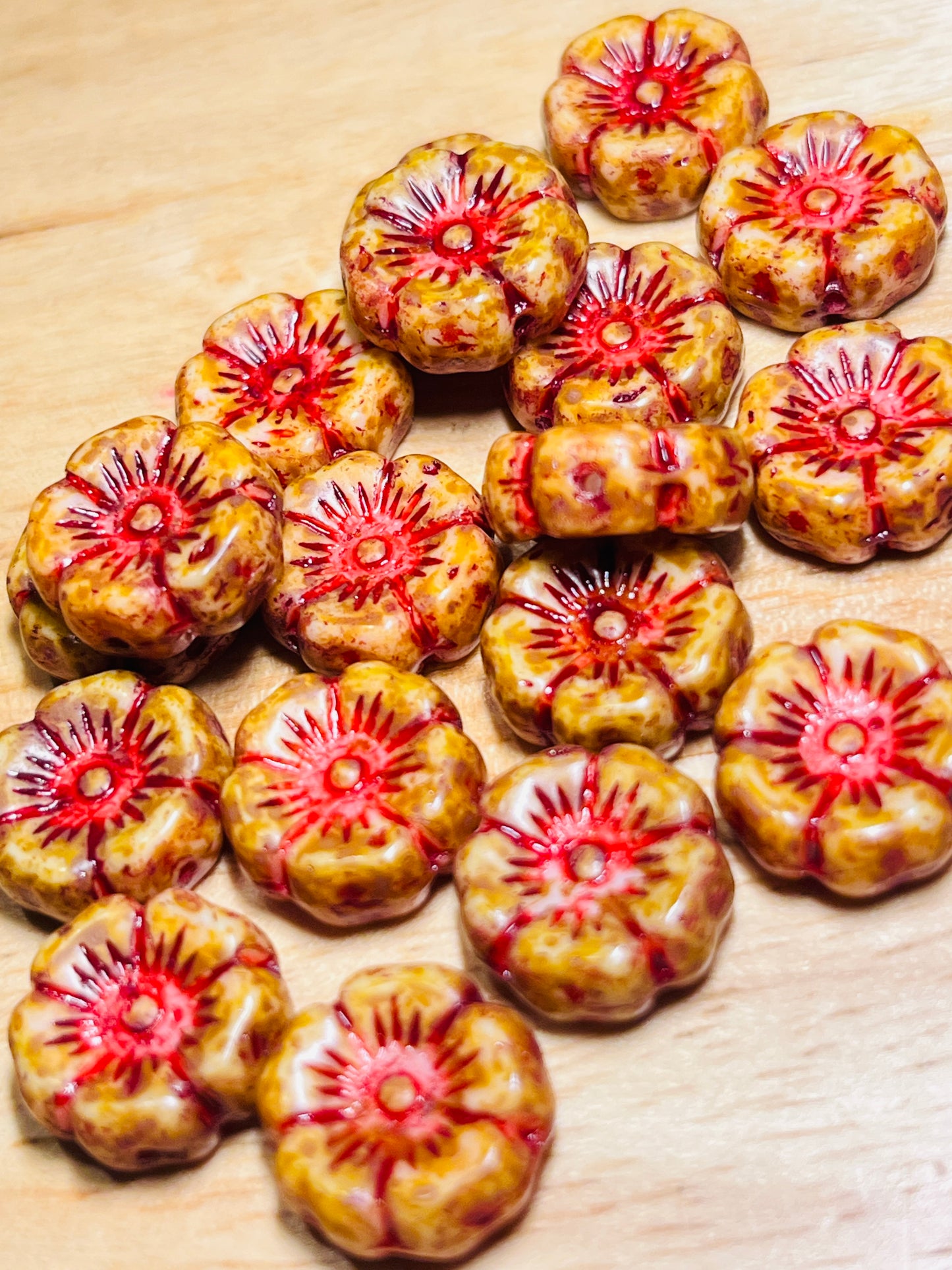 #2594 / Czech 12mm Hibiscus Flower Beads / Honey Color with a Picasso Finish and Red Wash / 1mm Hole / Lot of 6