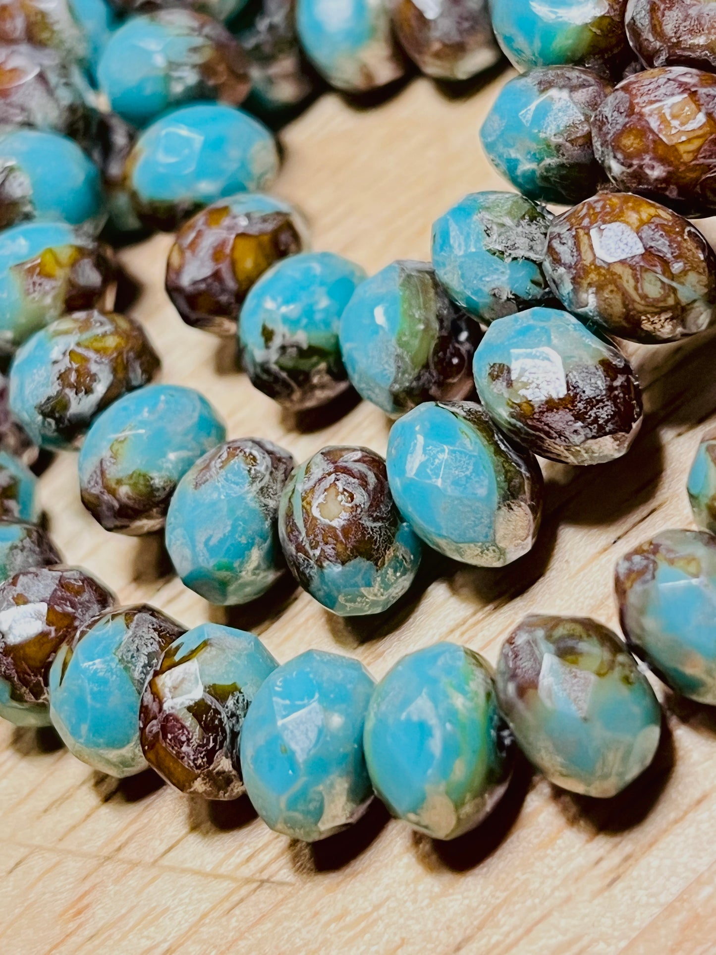 #2571 / Czech 6x8mm Turquoise Color with a Silver Picasso Finish Rondelle Beads / 1mm  Hole / Strand of 25