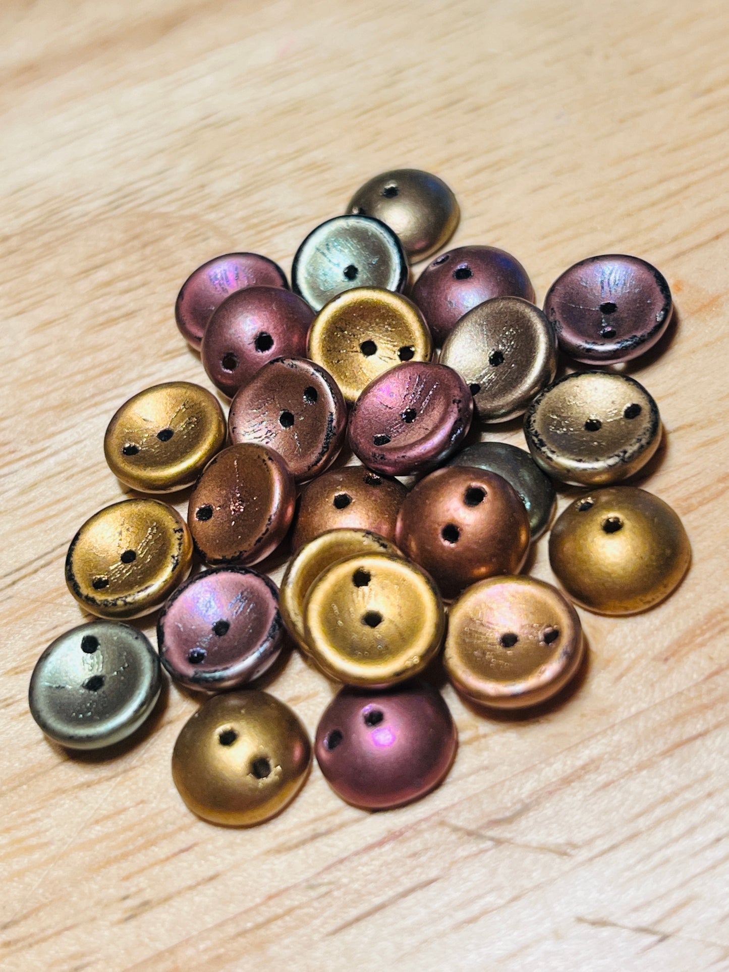 #2570 / Czech 4x8mm 2-Hole Piggy Beads / Opaque Metallic Mix of Copper, Bronze, Brass, Gold, Pink, Green and Blues / Works well with Gold, Antique Brass and Copper Findings / 1mm Holes / Lot of 25