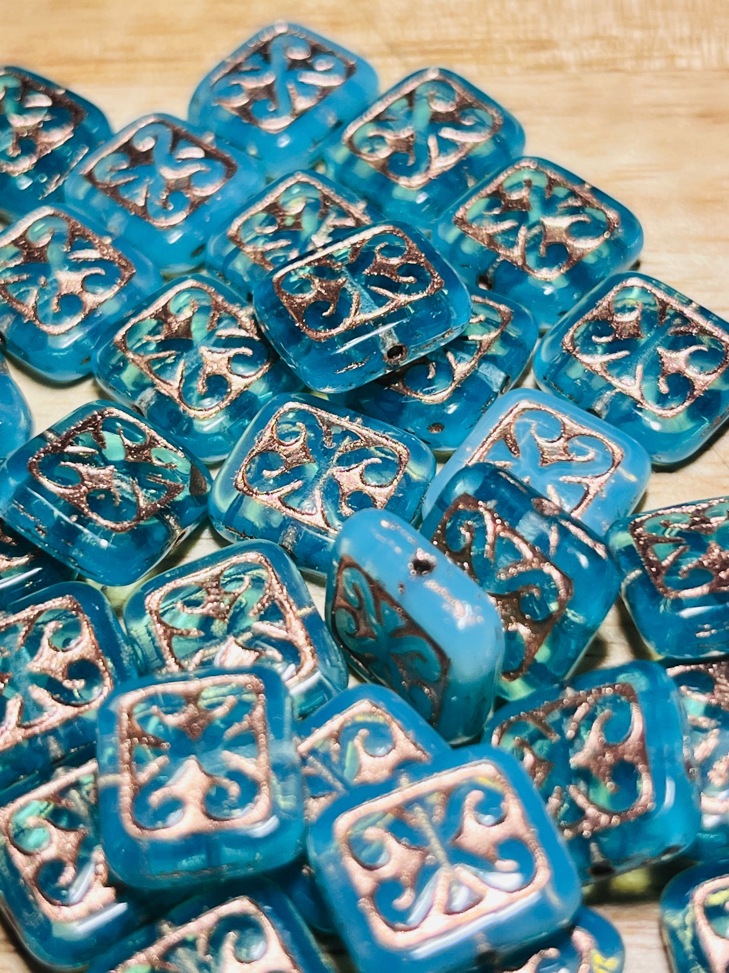 #2583 / Czech 11x12mm Ornamental Rectangular Sea Green Beads with a Copper Wash / 1mm Hole / Lot of 10