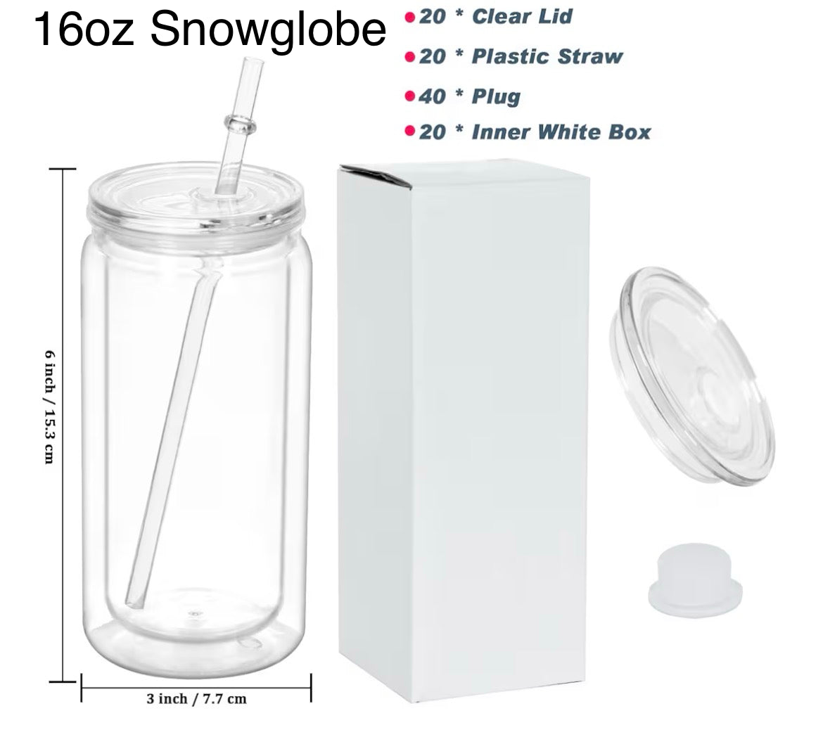 16 oz New Acrylic Snow Globe Tumbler Cups, Double Wall Plastic, Pre-Drilled Hole with Plug, Lid & Straw