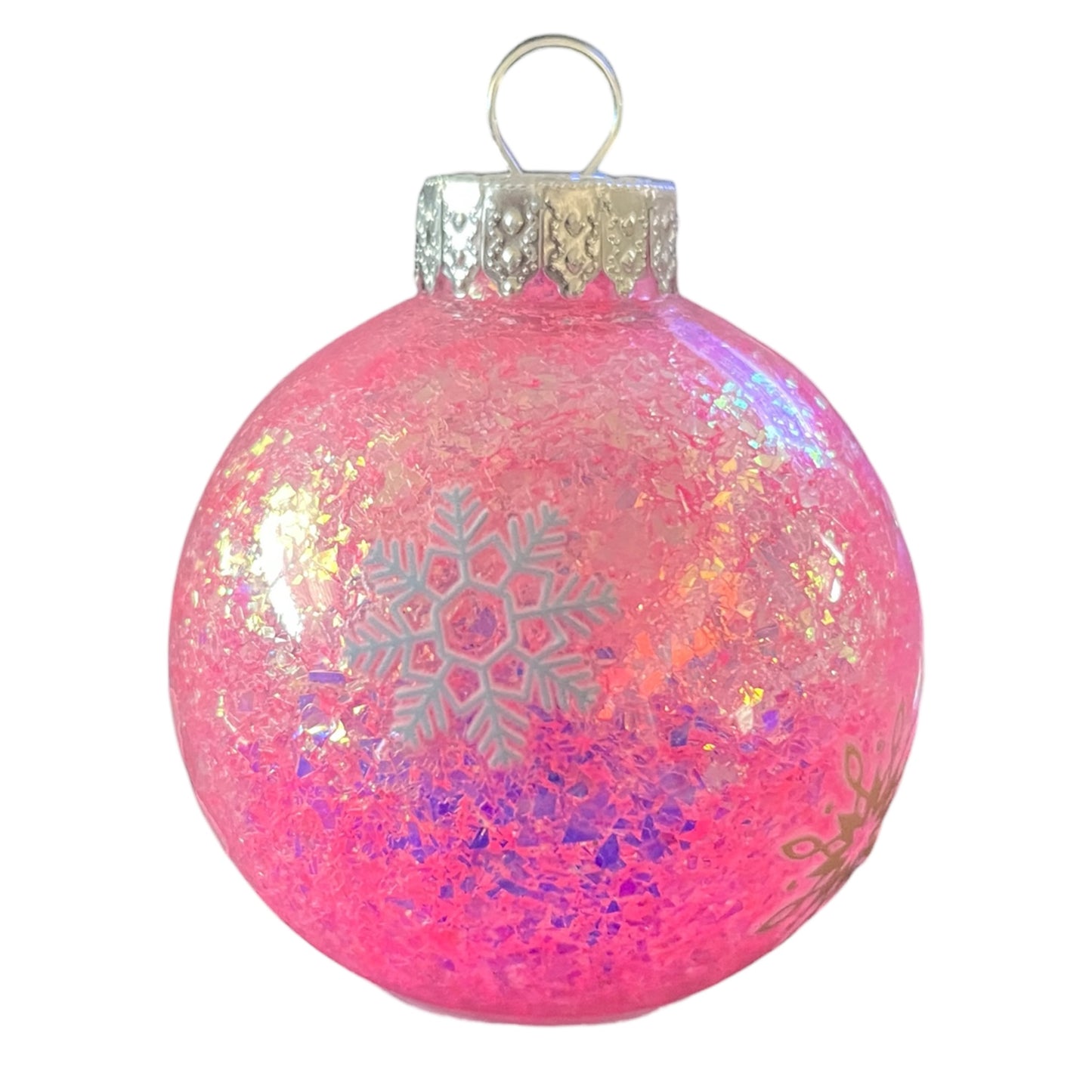 #47 - Ready To Sell Custom Designed 2 1/2” Round Ornament / Pink Glitter Filled / Decals: Snowflakes and Bow / Optional Name, Text or Monogram Included