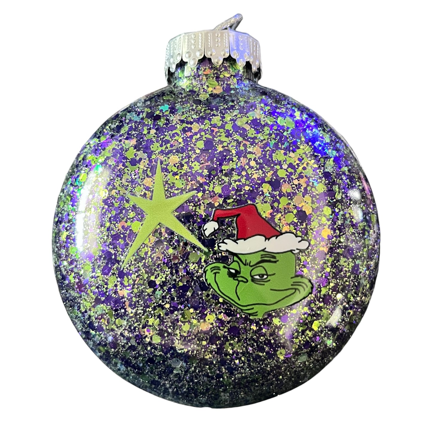 #51 - Ready To Sell Custom Designed 4” Flat Puffed Ornament / Purple and Lime Glitter Inside / Decals: Tree, Snowflake and Grinch Face / Optional Name, Text or Monogram Included