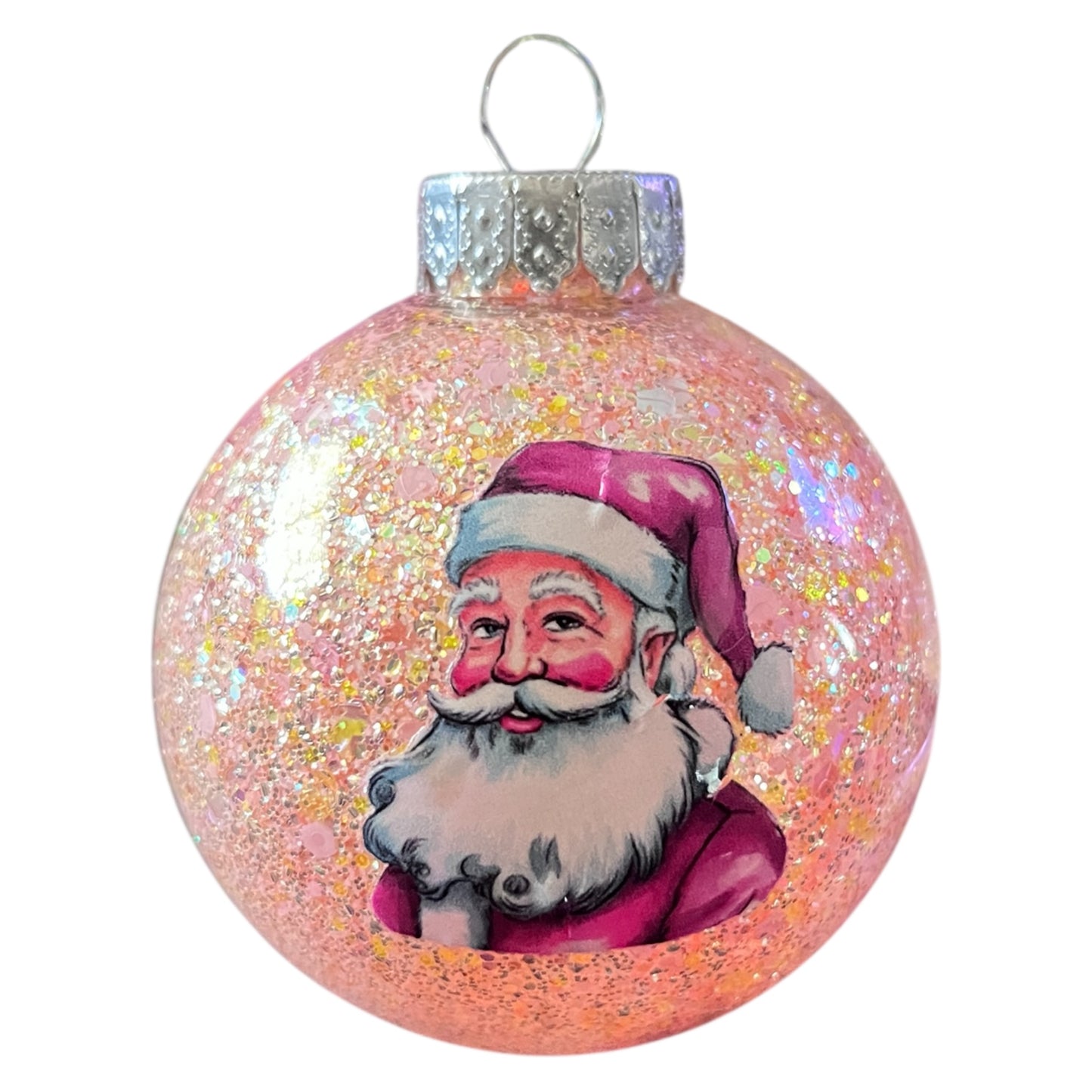 #49 - Ready To Sell Custom Designed 2 1/2” Round Ornament / Peach Glitter Filled / Decals: Santa and Cookie Tree / Optional Name, Text or Monogram Included