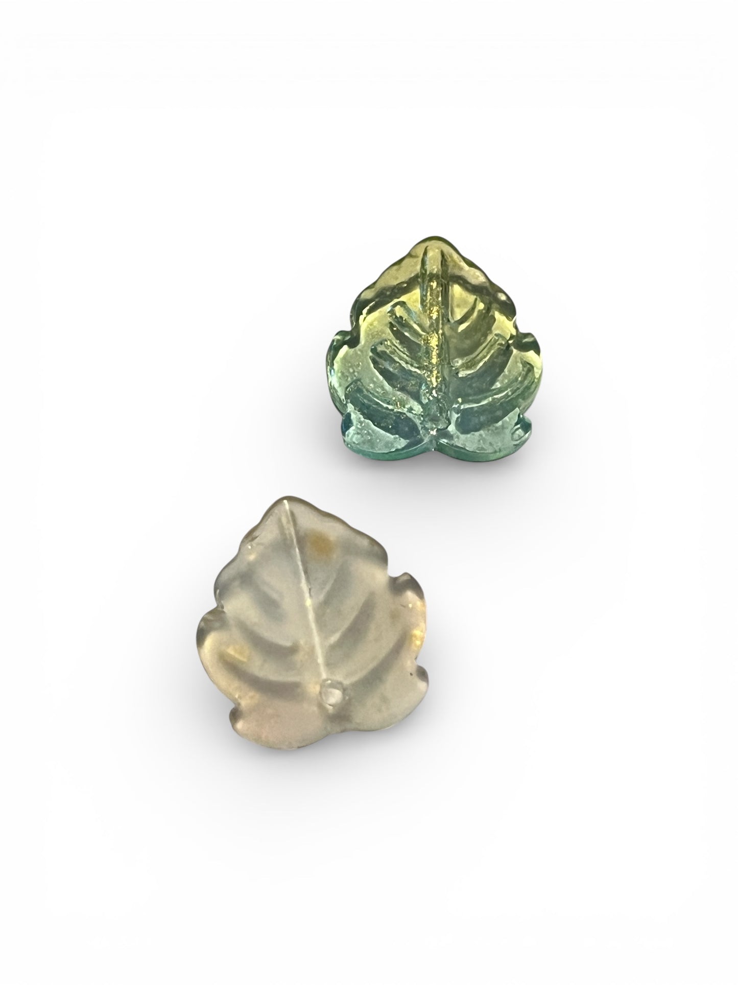 #2950 / Translucent Shimmery Color-Shifting Glass Strawberry Leaf Charm, Pendant or Earring with a Gold Glitter Wash / 15x14x4mm / 1mm Drilled Hole / Sold Individually / Your Choice of Green-Blue or Pale Yellow