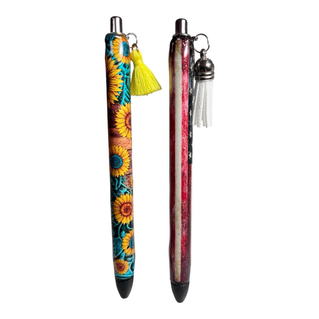 #006 & #007 - Custom Gel Pens / 006 Sunflowers & Teal / 007 USA Flag