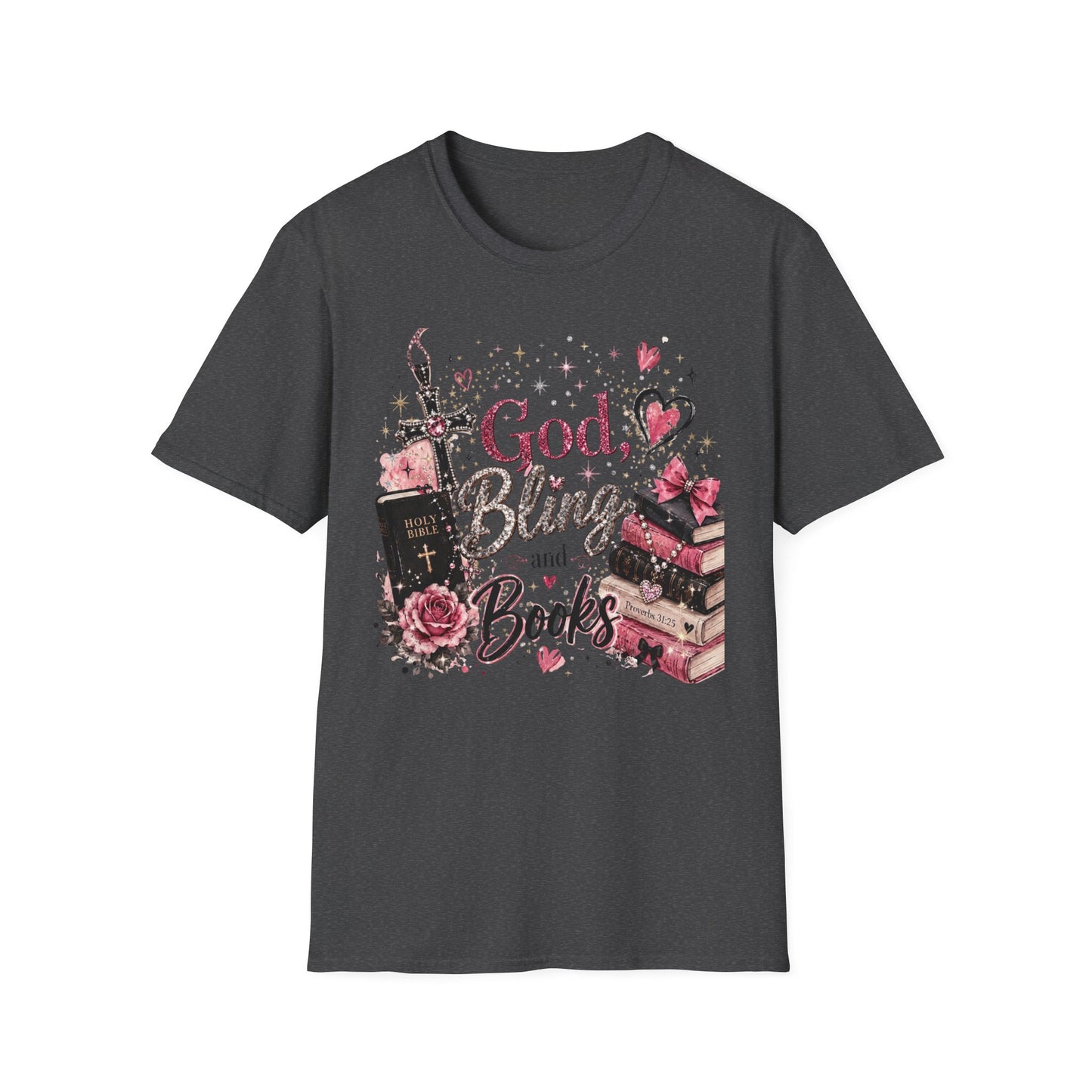 Christian Graphic T-Shirt — "God, Bling and Books" Faith Tee for Women