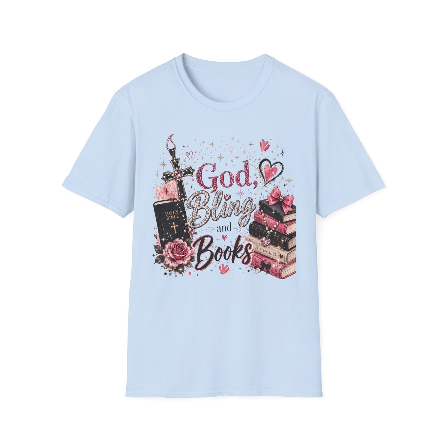 Christian Graphic T-Shirt — "God, Bling and Books" Faith Tee for Women