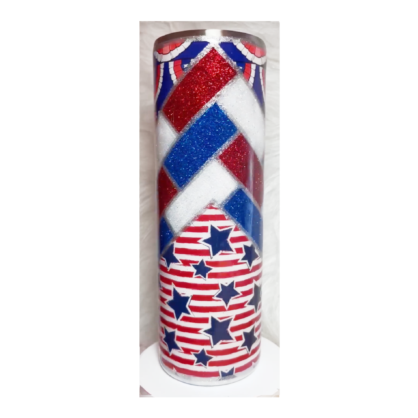 #126-2 - 30oz Patriotic Skinny Tumbler - Patriotic Herringbone Vinyl & Red, White, Blue Glitter