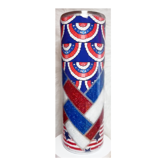#126-2 - 30oz Patriotic Skinny Tumbler - Patriotic Herringbone Vinyl & Red, White, Blue Glitter