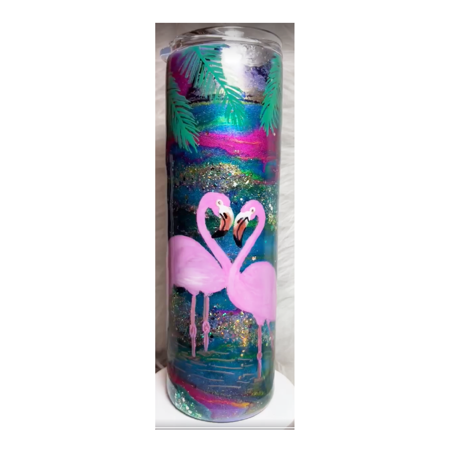 #126 - 30oz Skinny Tumbler - Ink Swirl & Glitter with Hand Painted Flamingo Pair and Hanging Palm Fronds