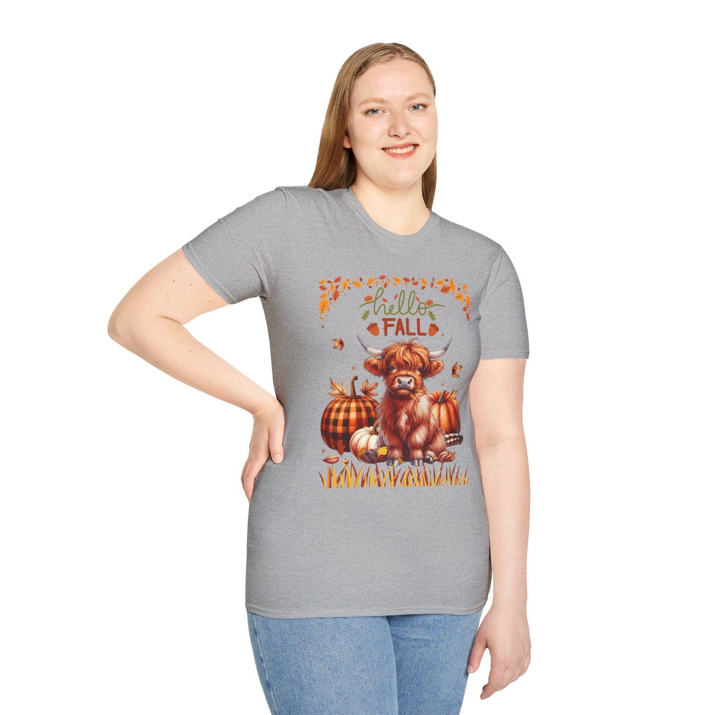 "Hello Fall" Cute Highland Cow T-Shirt — Autumn Pumpkin & Leaves Tee