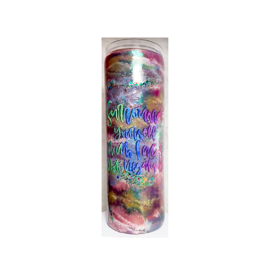 #139 - 20oz Skinny Tumbler with Handle - Ink Swirl - Decal: "Surround Yourself With Tacos Not Negativity" text