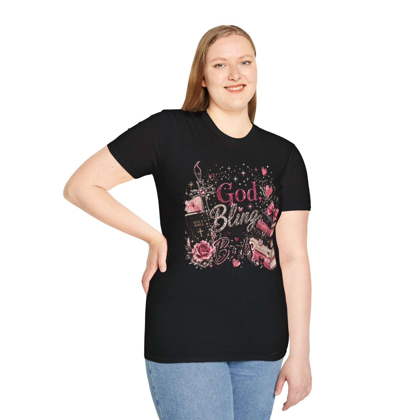 Christian Graphic T-Shirt — "God, Bling and Books" Faith Tee for Women