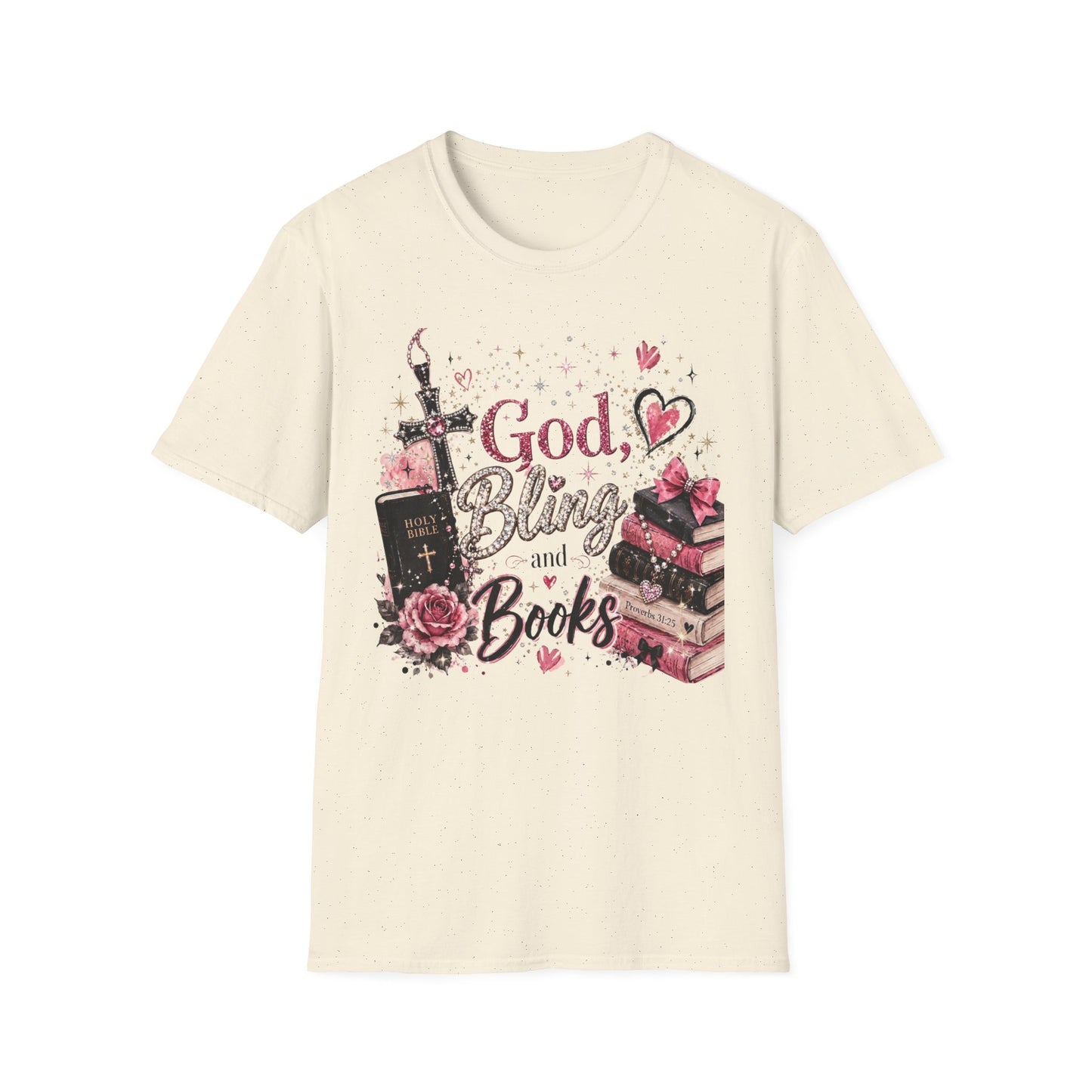 Christian Graphic T-Shirt — "God, Bling and Books" Faith Tee for Women