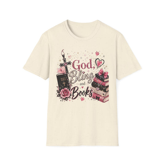 Christian Graphic T-Shirt — "God, Bling and Books" Faith Tee for Women