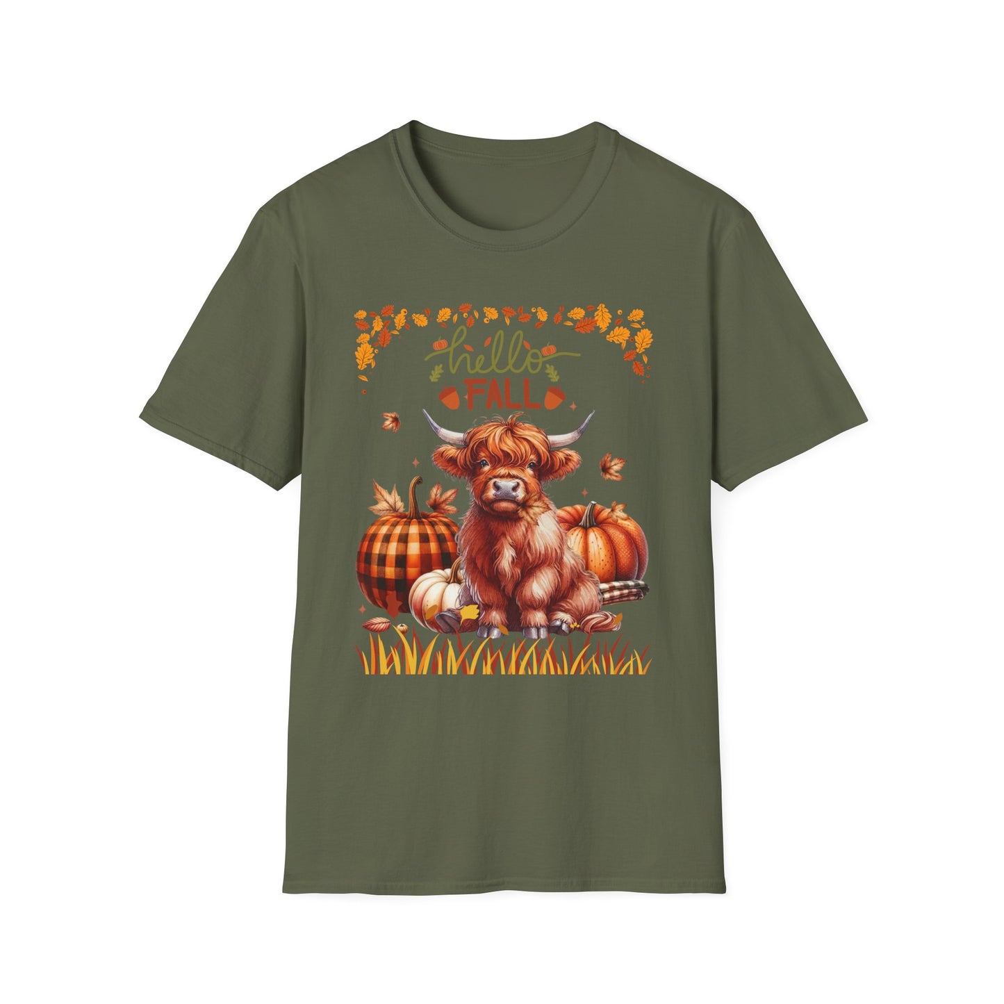 "Hello Fall" Cute Highland Cow T-Shirt — Autumn Pumpkin & Leaves Tee