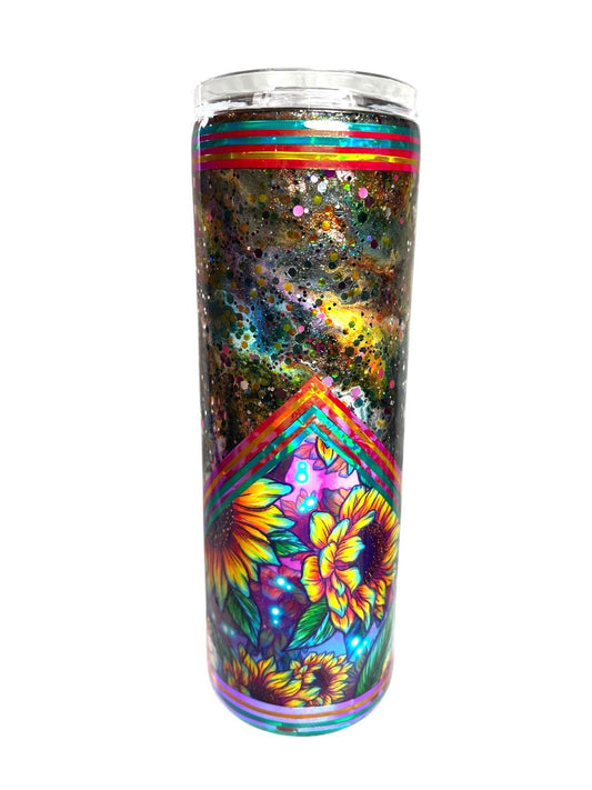 #166 - 20oz Skinny Tumbler with Handle - Neon Flowers V-Split Decal & Ink Swirl