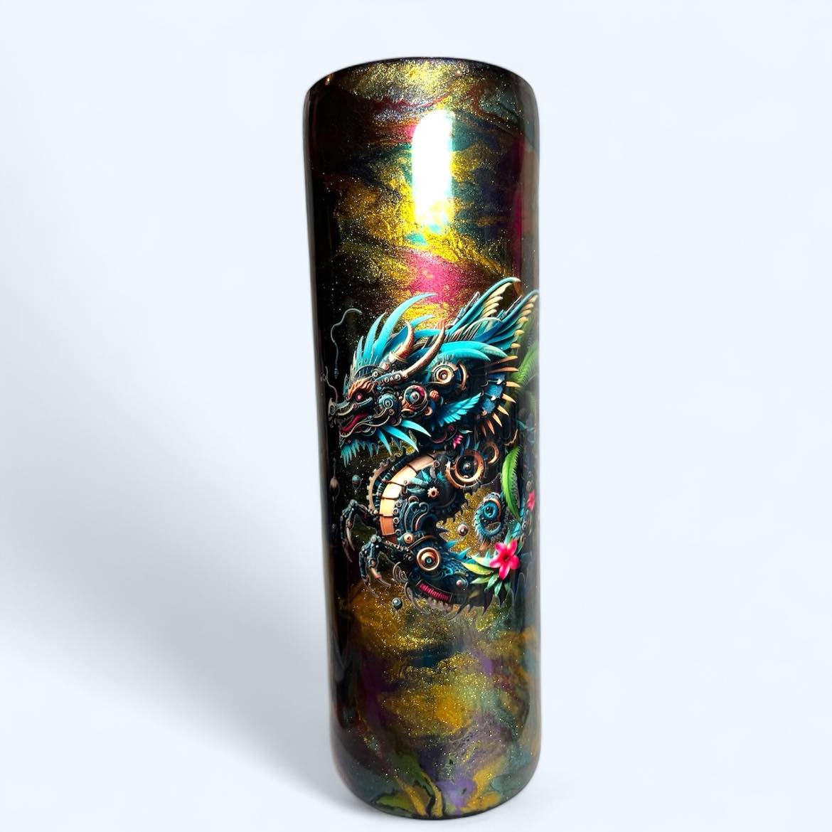 #174 - 30oz Skinny Tumbler - Metallic Ink Swirl - Decal: Dragon