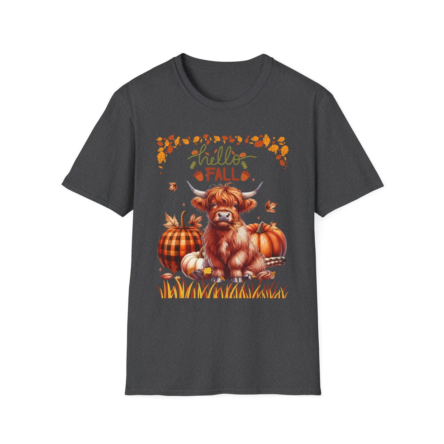 "Hello Fall" Cute Highland Cow T-Shirt — Autumn Pumpkin & Leaves Tee