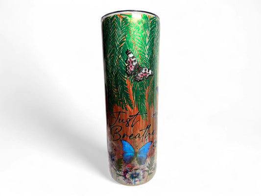 #178 - 20oz Skinny Tumbler / Hand Painted Hanging Palm Leaves / Decals: “Just Breathe” and Butterflies
