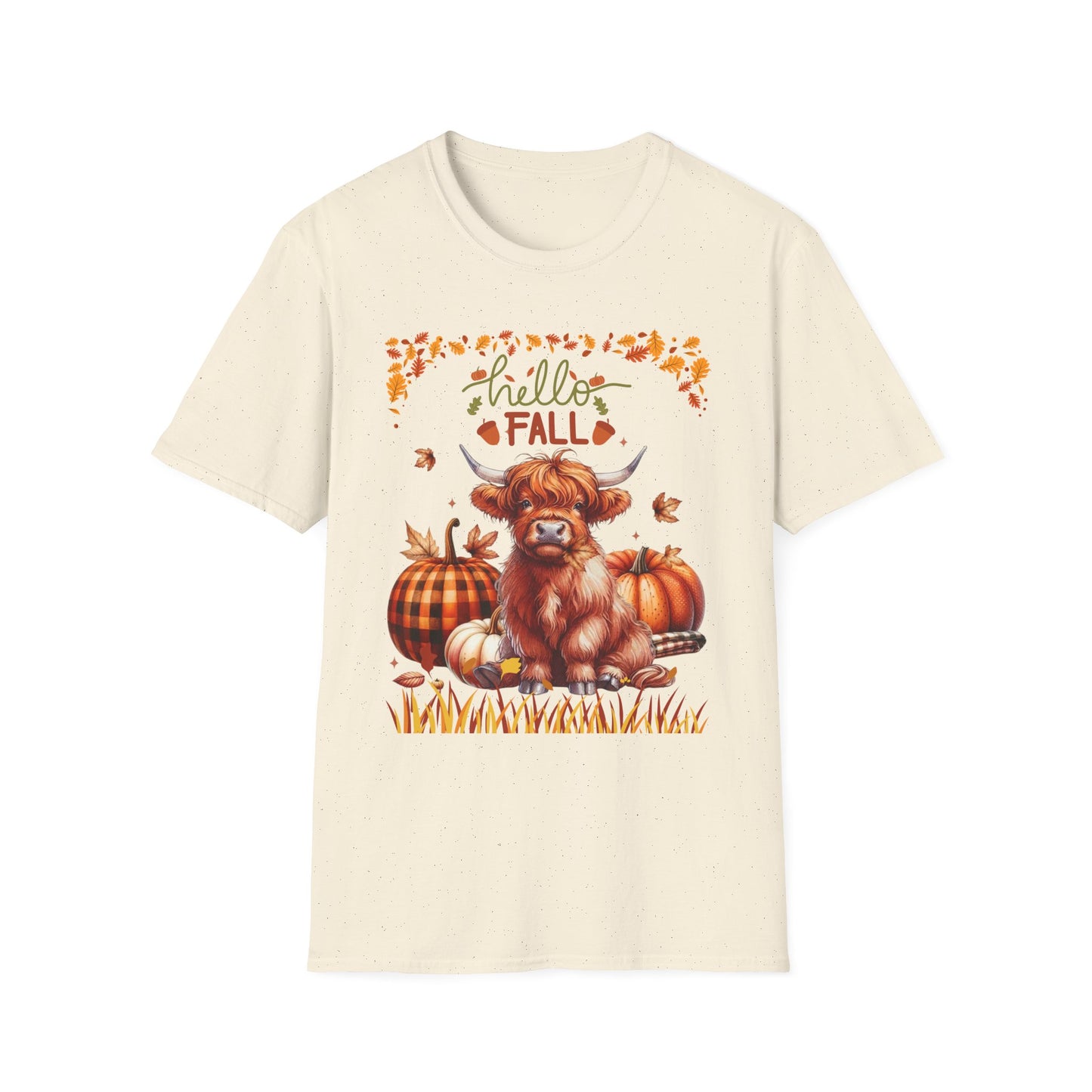 "Hello Fall" Cute Highland Cow T-Shirt — Autumn Pumpkin & Leaves Tee