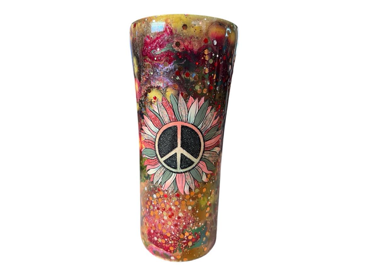 #189 - 16oz Traveler Tumbler - Ink Swirl & Glitter - Decal: Sunflower with Peace Sign