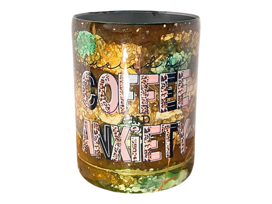 #192 - 10oz Coffee Mug Tumbler - Watercolor Ink - Decal: "Fueled By Coffee Anxiety" text