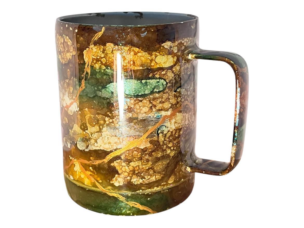 #192 - 10oz Coffee Mug Tumbler - Watercolor Ink - Decal: "Fueled By Coffee Anxiety" text