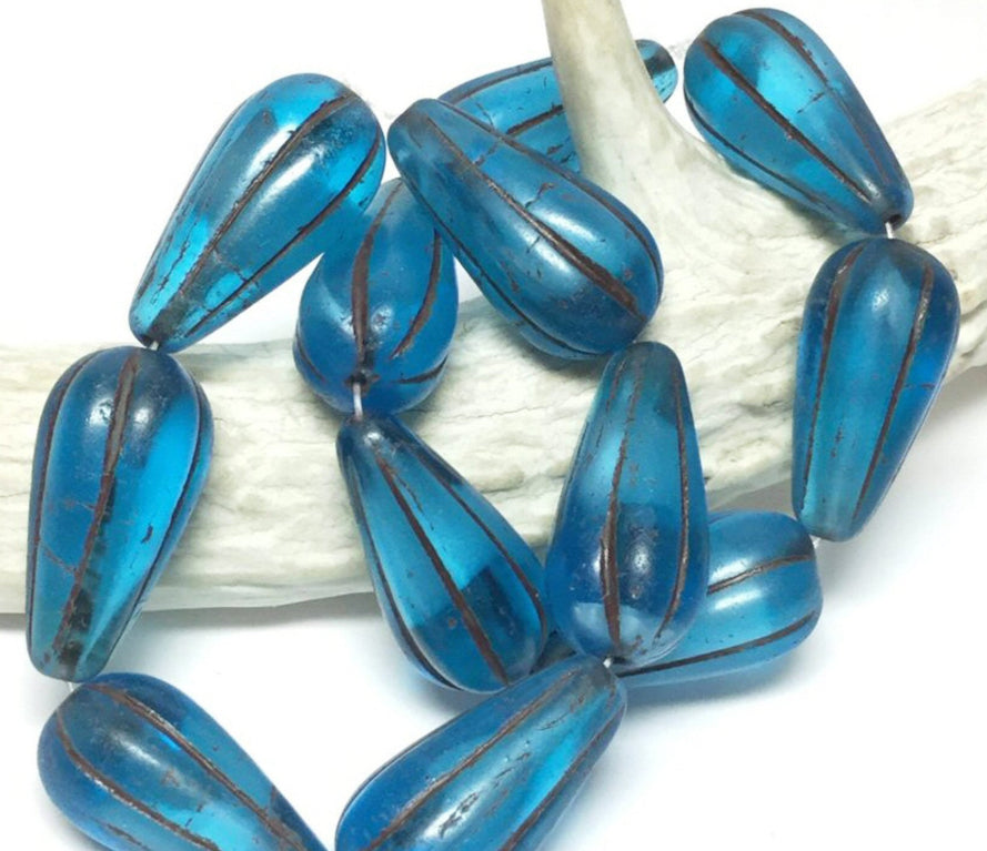 #2421 Czech Big & Bold Mellon Drop Beads / 22x11mm / Translucent Teal & Opaque White with a Brown Wash / 1mm Vertical Hole / Lot of 2