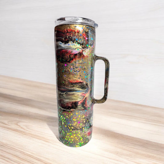 #200 - 30oz Skinny Tumbler with Handle - Ink Swirl & Glitter