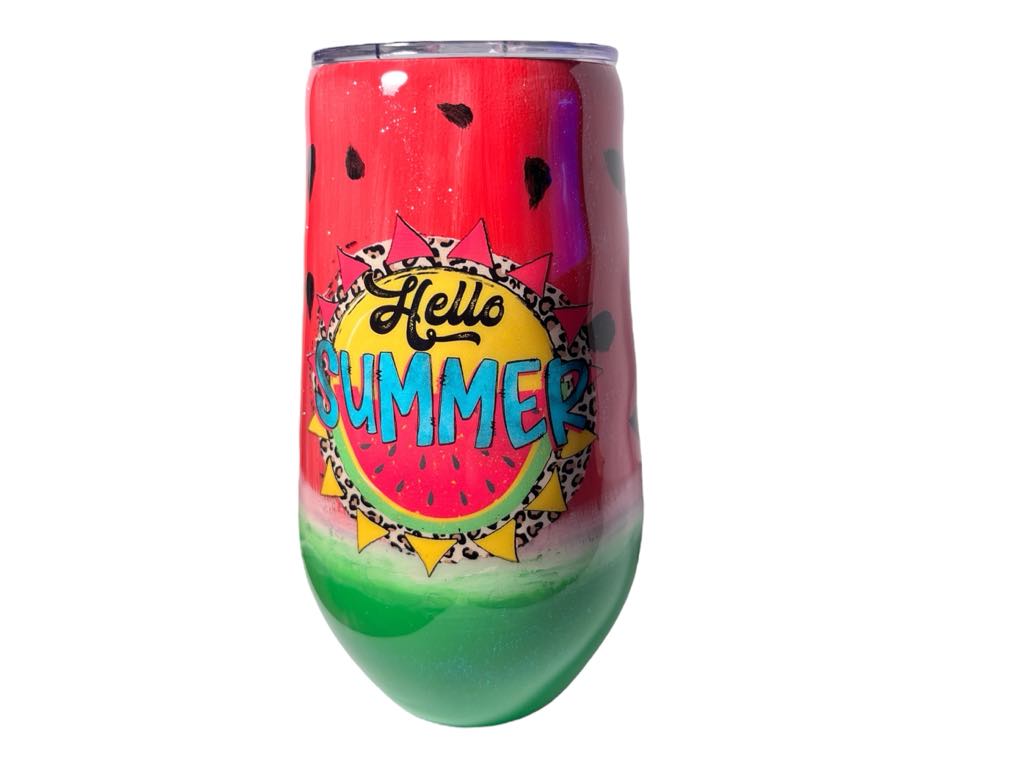 #214 - 17oz Watermelon Drink Tumbler - Hand Painted - Decal: "Hello Summer"