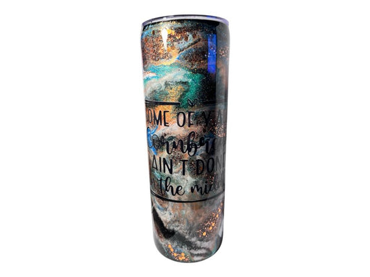 #215 - 20oz Skinny Tumbler - Ink Swirl - Decal: "Some Of Y'alls Cornbread A'int Done In The Middle" text
