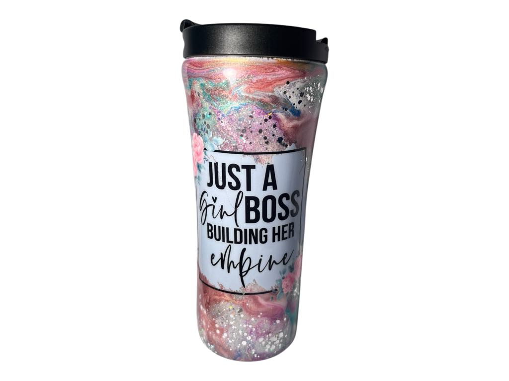 #222 - 16oz Slim Traveler Tumbler - Ink Swirl - Decal: "Just A Girl Boss Building Her Empire" text