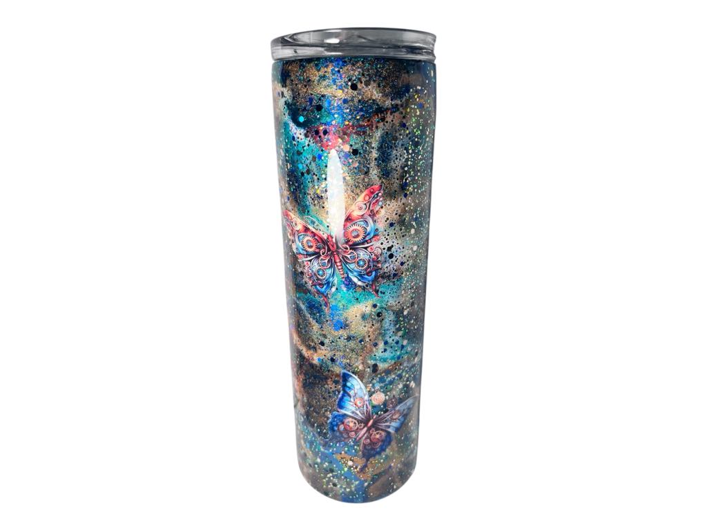 #226 - 30oz Skinny Tumbler - Ink Swirl with Butterfly Decals
