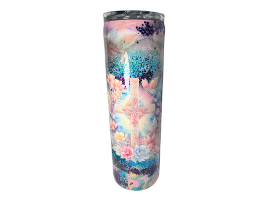 #229 - 30oz Religious Tumbler - Ink Swirl & Glitter - Decal: Flowers & Cross