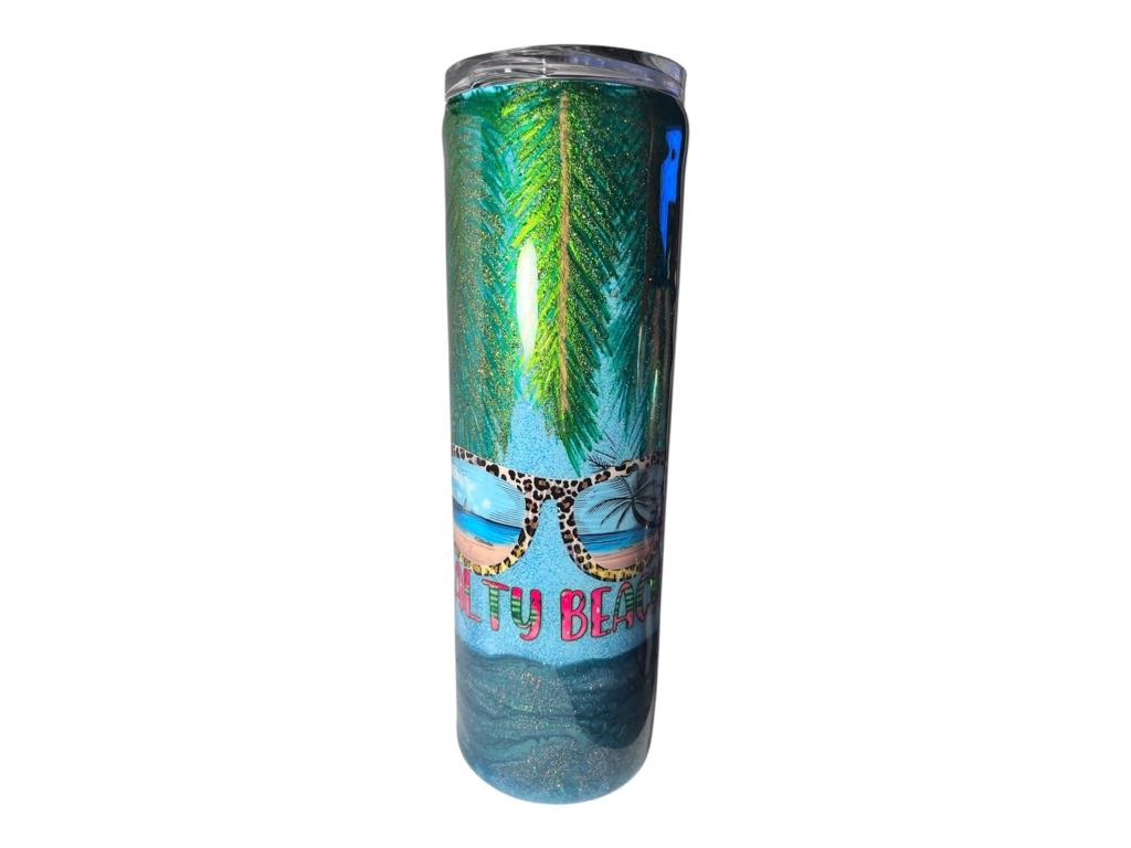 #231 - 30oz Tropical Skinny Tumbler - Ocean Theme with Hand Painted Palm Leaves - Decal: Sunglasses with "Salty Beach" text