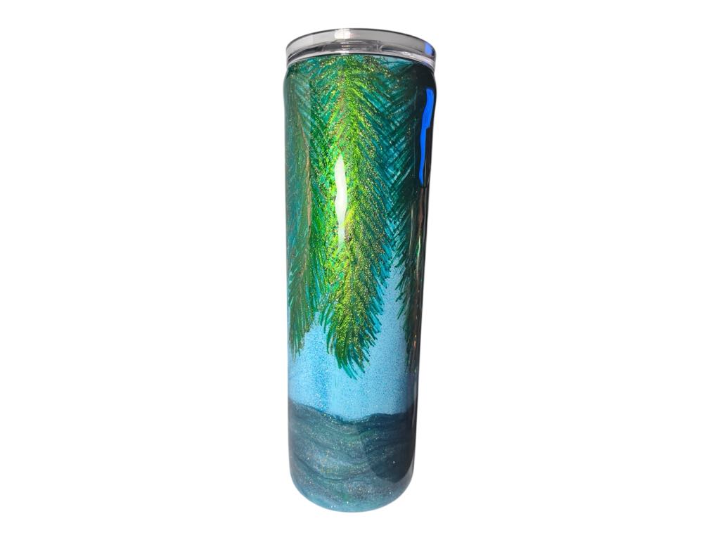 #231 - 30oz Tropical Skinny Tumbler - Ocean Theme with Hand Painted Palm Leaves - Decal: Sunglasses with "Salty Beach" text