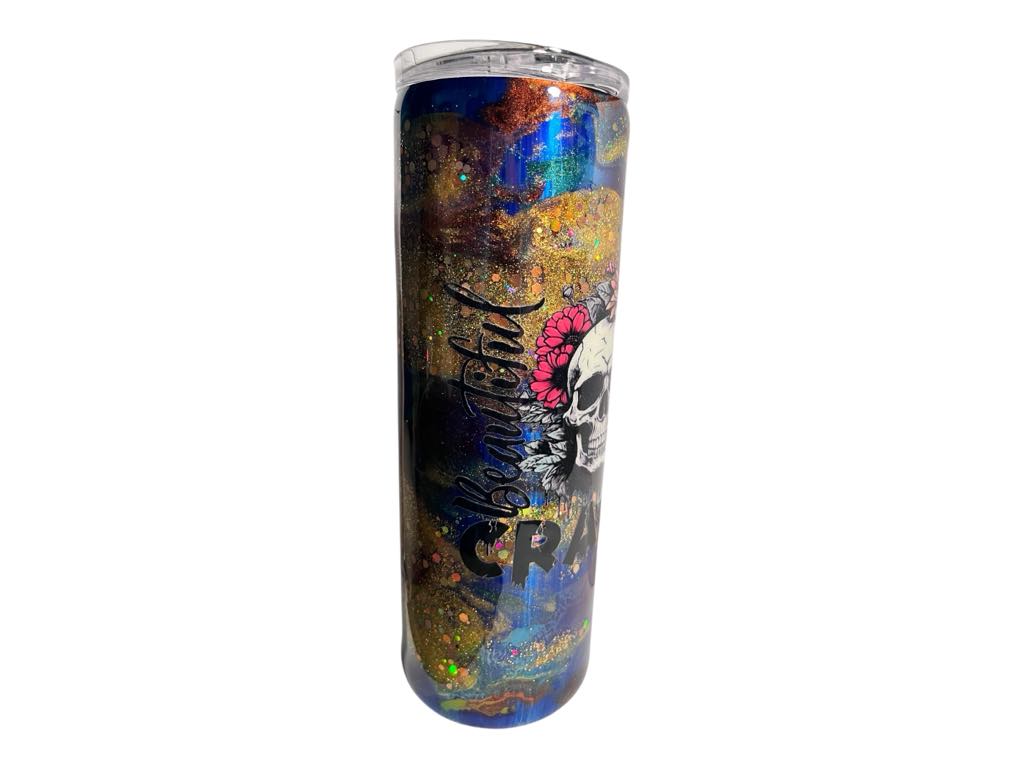 #239 - 20oz Skinny Tumbler - Ink Swirl - Decal: Skull "Crazy"