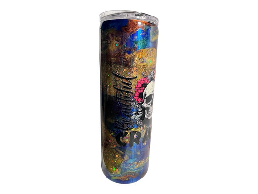 #239 - 20oz Skinny Tumbler - Ink Swirl - Decal: Skull "Crazy"
