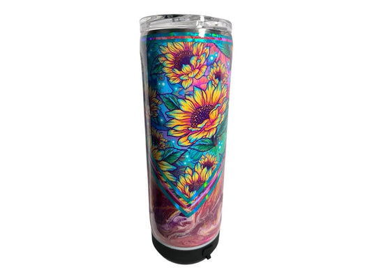 #242 - 20oz Skinny Tumbler with Bluetooth Speaker (USB Rechargeable) - Ink Swirl with Neon Flowered V-Split Vinyl