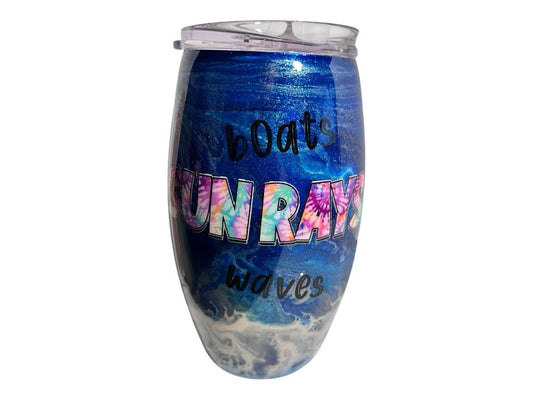 #244 - 15oz Tropical Barrel Tumbler - Ocean Theme -  Decal: boats SUNRAYS waves