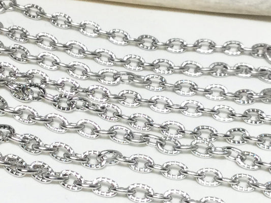 #2589 / Oval Platinum Colored Textured Iron Cable Chain Unwelded / 5x4x3.6mm / Sold by the Yard