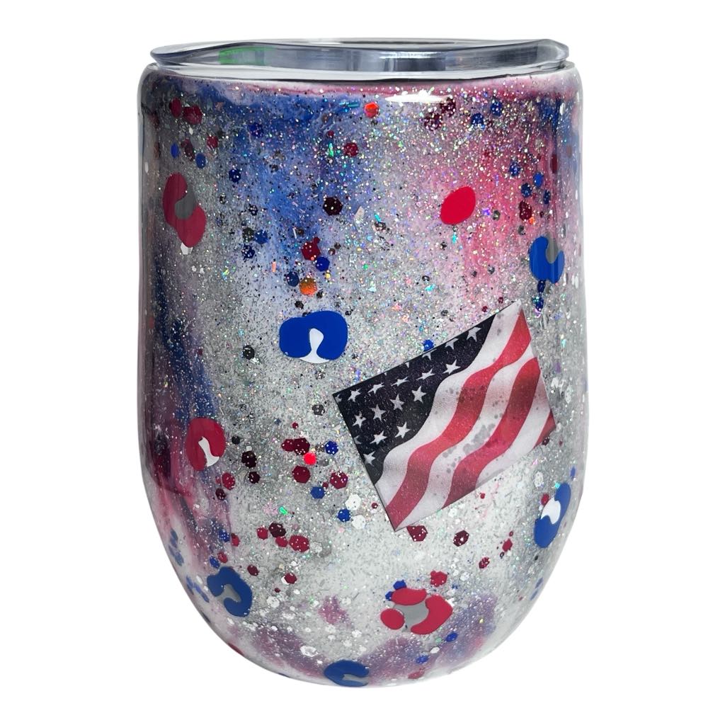 #263 - 12oz Wine Tumbler - Patriotic Leopard Spots with 2 USA Flag Decals
