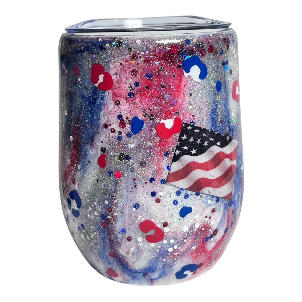 #263 - 12oz Wine Tumbler - Patriotic Leopard Spots with 2 USA Flag Decals