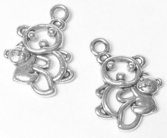#2702 / Antique Silver Mama & Baby Bear Charm-Pendant-Earring / 17.5x15x3mm / 2mm Attached Loop / Lot of 2
