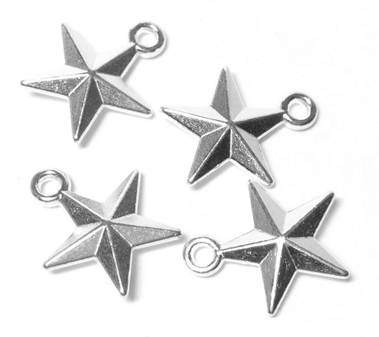 #2707 / Polished Antique Silver 5-Point 3D Star / For Charm, Pendant of Earring / Cadmium-Lead Free / 16x14x4mm / 1.5mm Attached Loop / Lot of 4